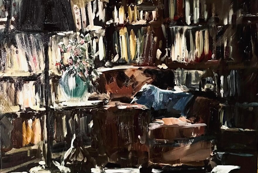 Painting of a study with book-lined shelves, standard lamp, table and chair.