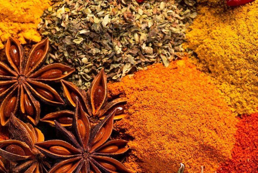 Small piles of colourful ground spices, cumin seeds and whole star anise. 