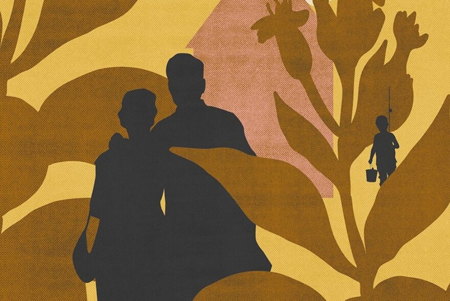 Silhouette image of man and woman and child amongst leaf pattern.