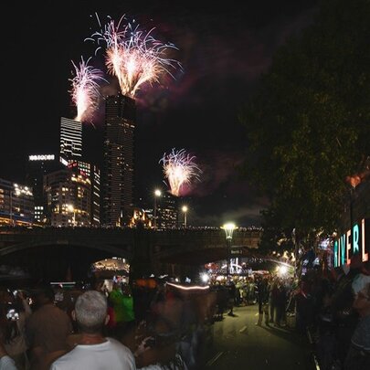 New Year's Eve fireworks viewed from Riverland Bar's outdoor terrace.
