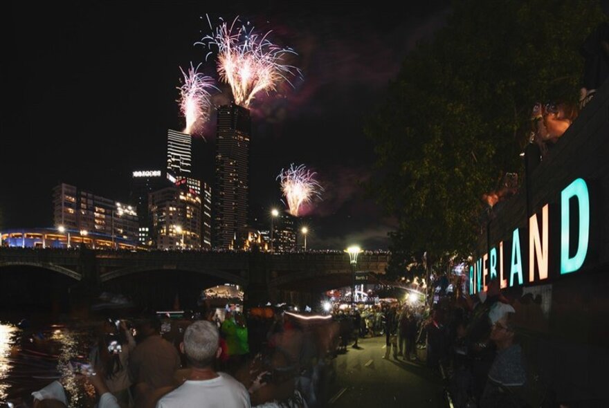 New Year's Eve fireworks viewed from Riverland Bar's outdoor terrace.