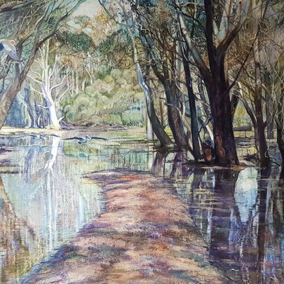 Landscape painting of trees and a path in a wetland.