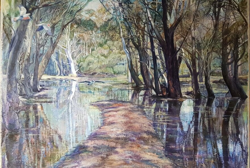 Landscape painting of trees and a path in a wetland.