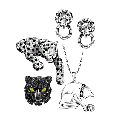 Black and white sketch of animal jewellery depicting leopards, panthers and cats.