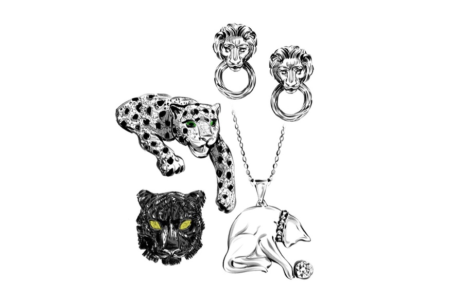 Black and white sketch of animal jewellery depicting leopards, panthers and cats.