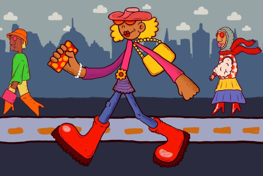 A cartoon drawing of a stick figure with large red books and a cowboy hat walks along a city street, other more plainly dressed people in the background. 