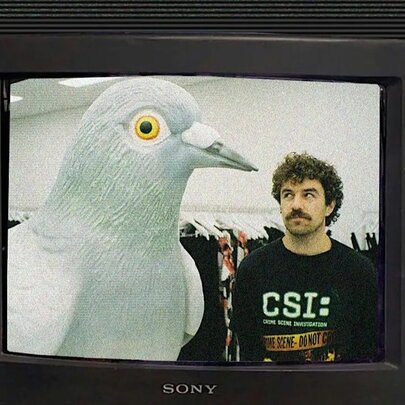 TV screen displaying a man in a clothing store looking sideways at a giant sculpture of a white seagull.