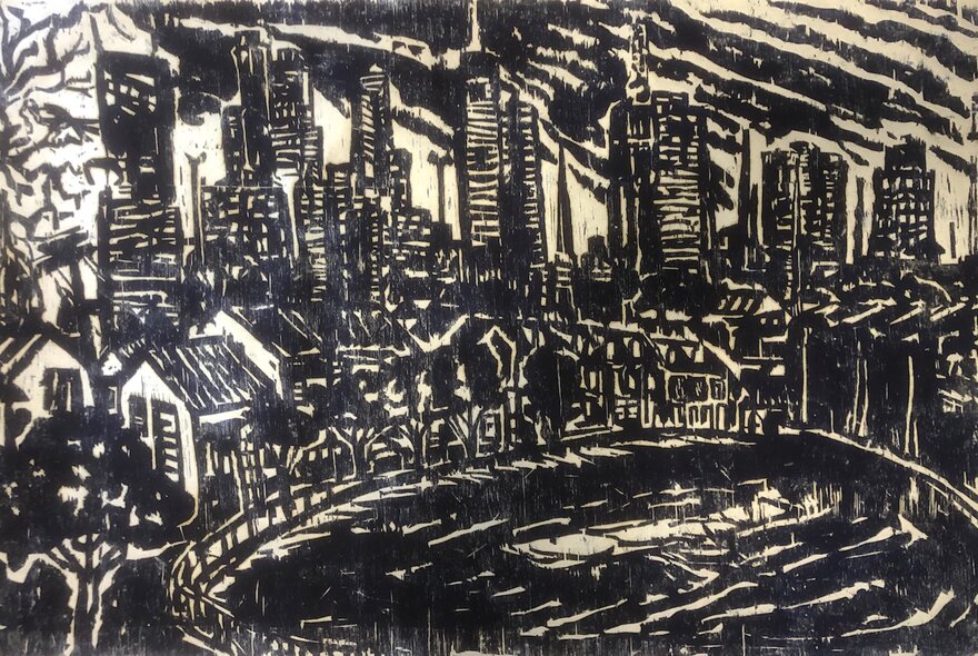 A black and white woodcut print of a city with tall buildings, a row of houses and an oval in the foreground.
