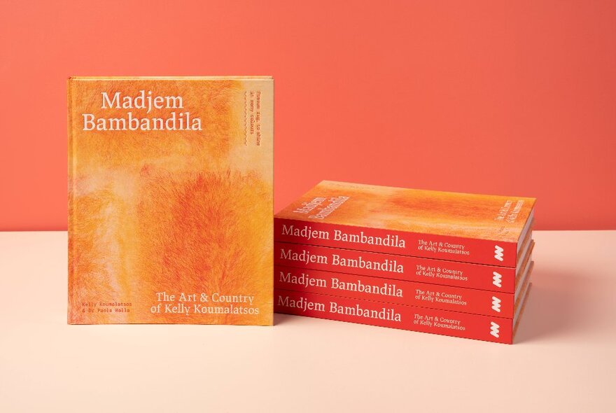Museum shop items for sale including a stack of books about indigenous artist, Madjem Bambandila.