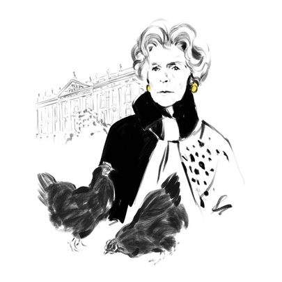 A black ink fashion-style illustration depicting Deborah Cavendish, the late Duchess of Devonshire, with two chickens in the foreground and a stately home in the background.