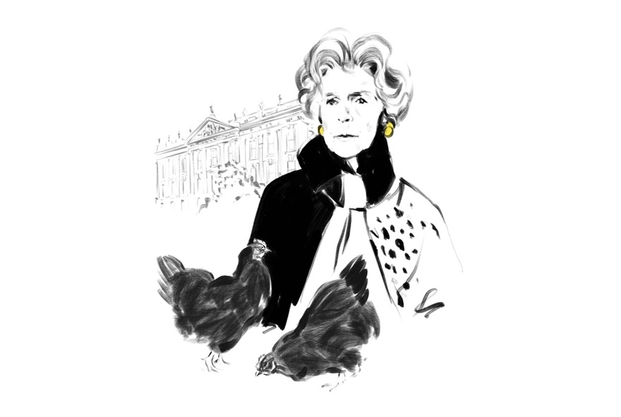 A black ink fashion-style illustration depicting Deborah Cavendish, the late Duchess of Devonshire, with two chickens in the foreground and a stately home in the background.