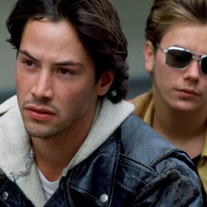 Still of young actors Keanu Reeves (left) and River Phoenix (right) from the 1991 cult classic film My Own Private Idaho.