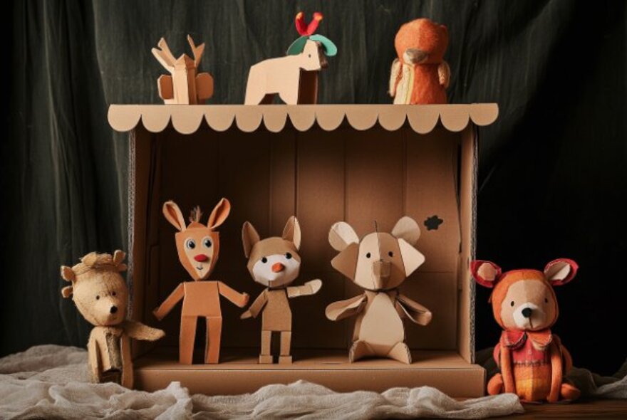 Toy box stage with crated animals.