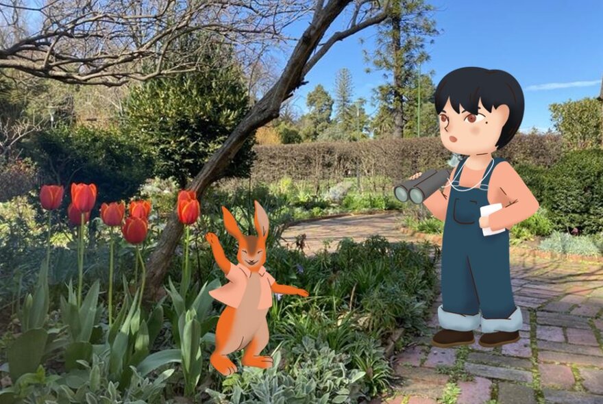 A cartoon drawing of a kid with black hair and overalls and a small rabbit in a jacket, overlaid on an image of a garden with paved path and tulips.