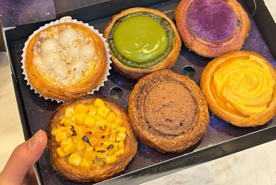 A hand holding out a gift box of six different flaky pastries and egg custard tarts.