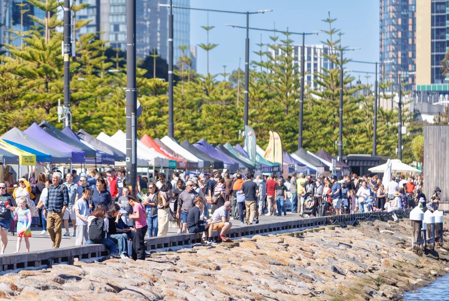 A crowd of people at a waterfront market with rows of marquee umbrellas.