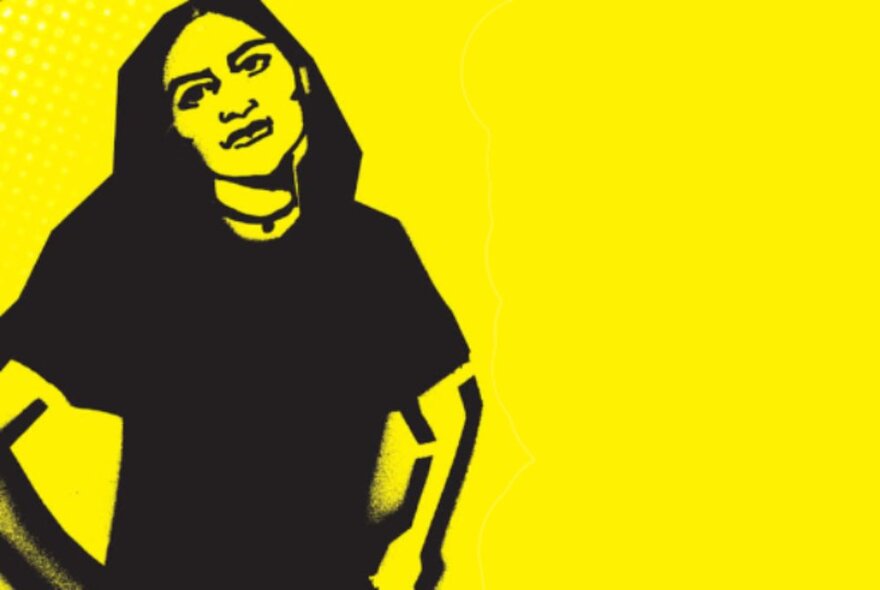 Drawing of a figure, mostly in black, against a yellow background.