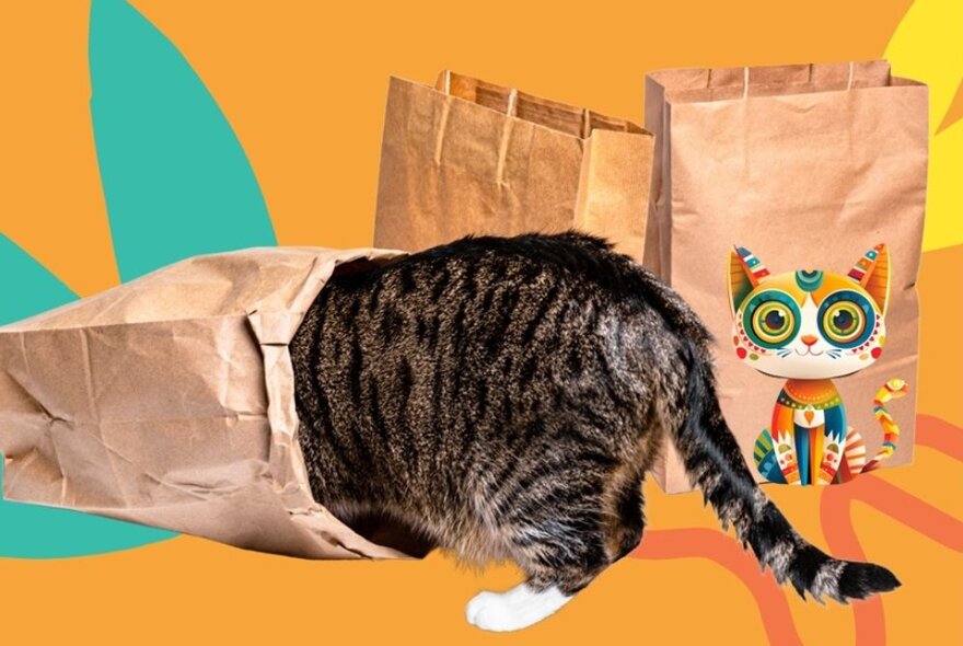 A  curious cat with the front half of its body inside a brown paper bag, with two upright brown papers bags behind it. 