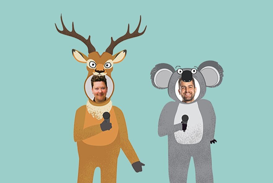 An illustration of a tan coloured deer with antlers and a grey kola, with the human faces of Kirsty Webeck and Ivan Aristeguieta superimposed on the animal's heads.