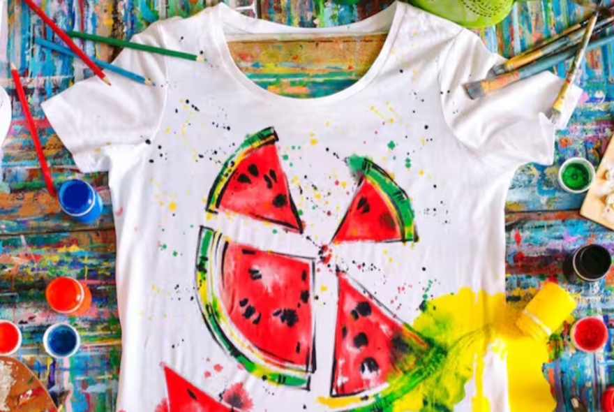 A white T-shirt painted with a watermelon slice design using fabric paint, with pots of paint and brushes on a craft table.