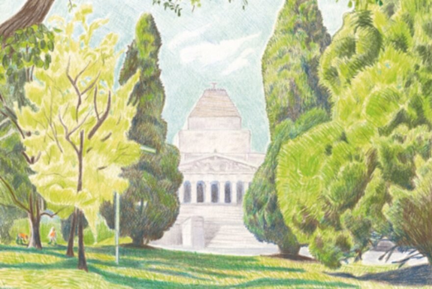 Image of the Shrine of Remembrance in Melbourne showing through trees, taken from a graphic novel. 