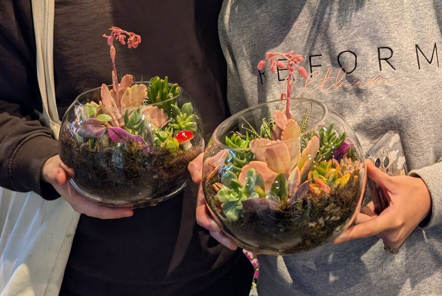 Hands and torsos of people holding terrariums. 