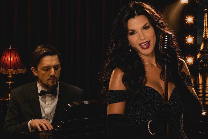 Singer and pianist in dark club setting, singer with revealing dark gown and long dark hair.