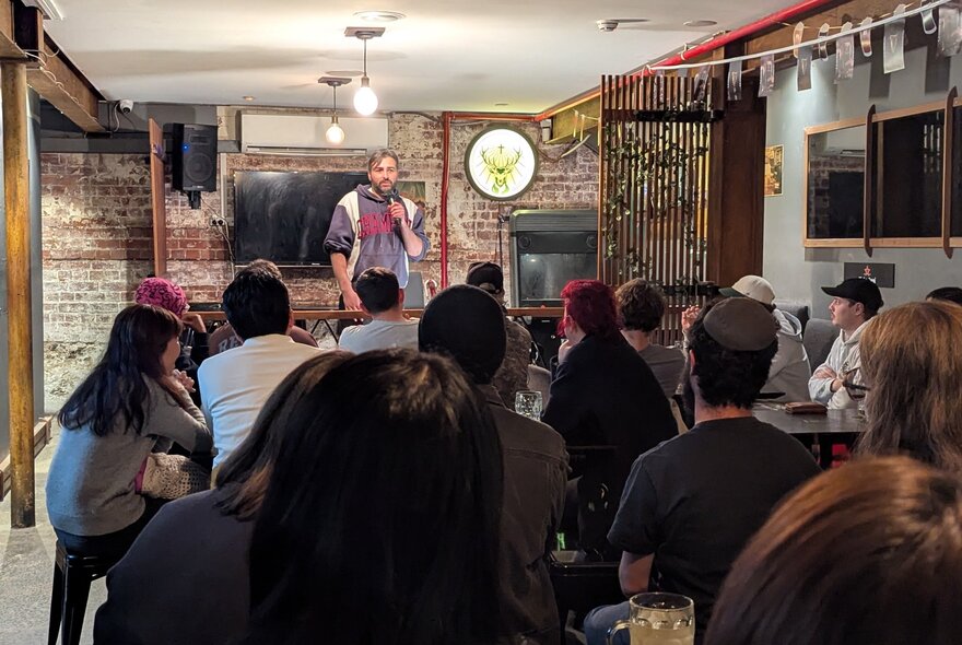 Seated audience watching a standup comedian perform with microphone in a small underground venue.