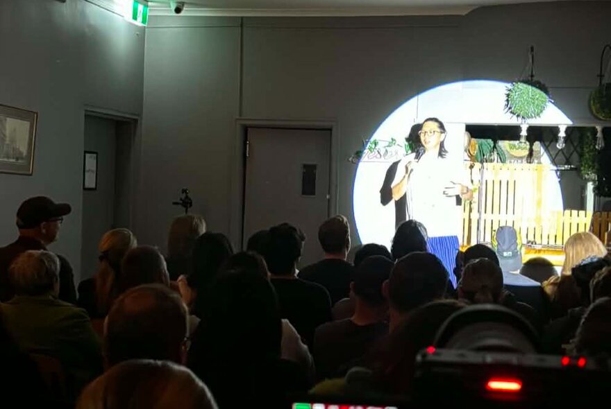 Comedian performing on a small stage, spotlit in front of seated audience.