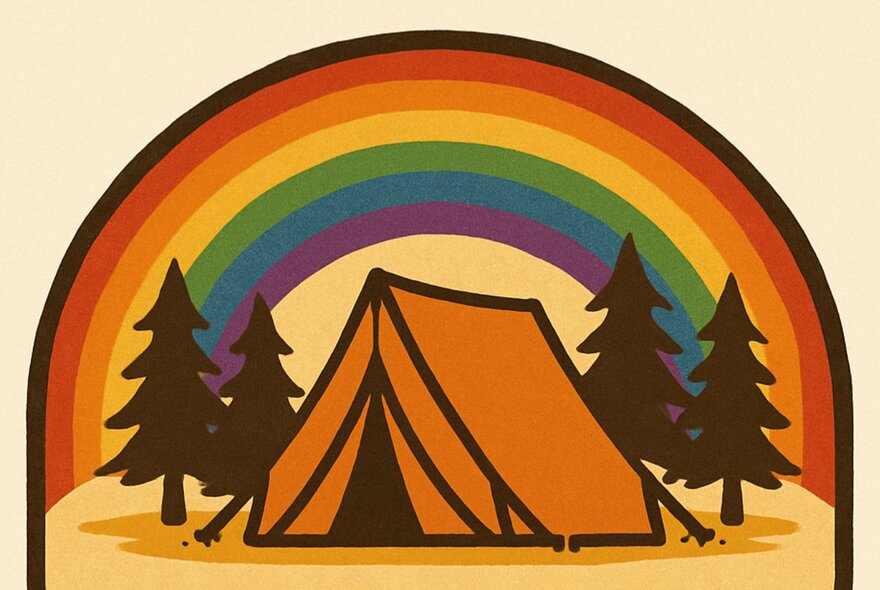 Illustration of an orange tent in a clearing, with brown fir trees surrounding and a full rainbow behind the tent.