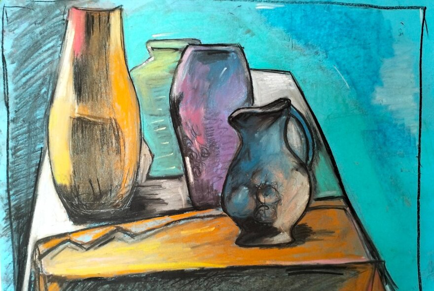 Still life painting of four vessels on a table, against a blue background.