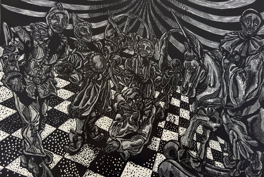 A black and white illustration of figures on a chequered floor. 