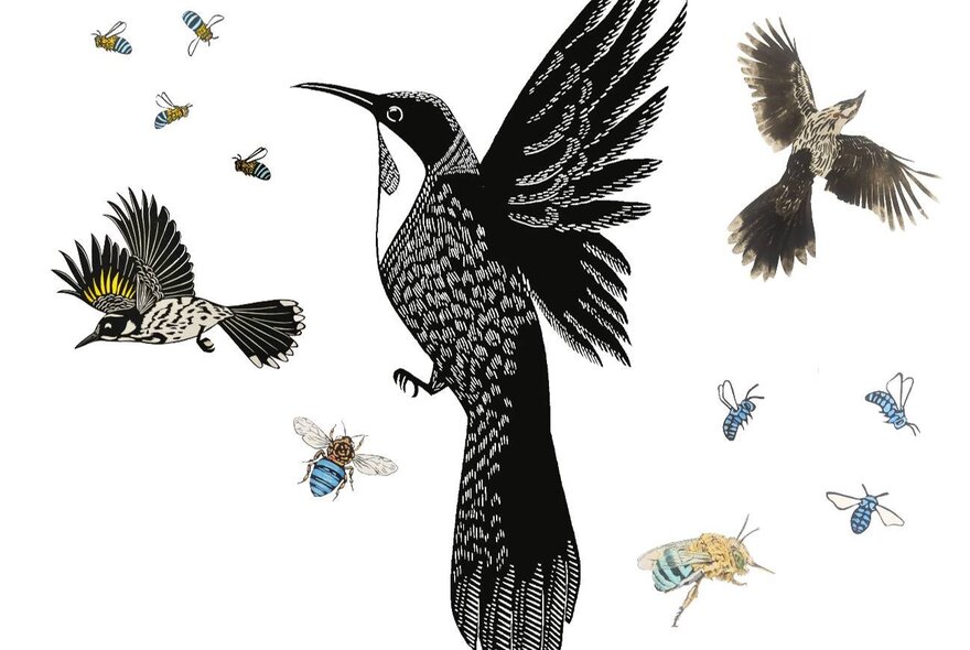 An artwork print of birds and bees flying against a white background.