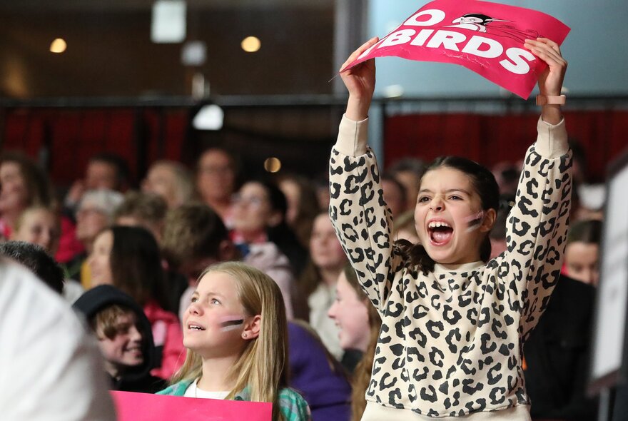 Netball fans holding posters in the stands.