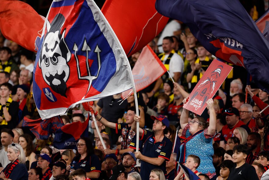A crowd of Melbourne AFL fans at a sports stadium, some of them standing with arms in the air, wearing football club scarves and team colours.