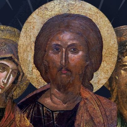 Byzantine icons of Jesus, Mary and John the Baptist, their heads haloed in gold.