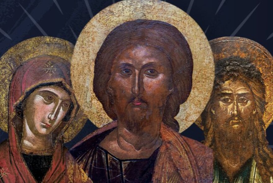 Byzantine icons of Jesus, Mary and John the Baptist, their heads haloed in gold.
