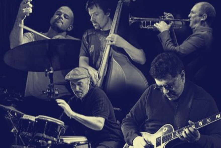 Montage of jazz musicians playing their instruments.
