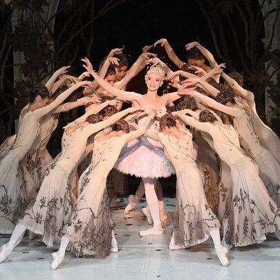 A ballet company performing on stage with ballerinas forming a guard around a central dancer. 