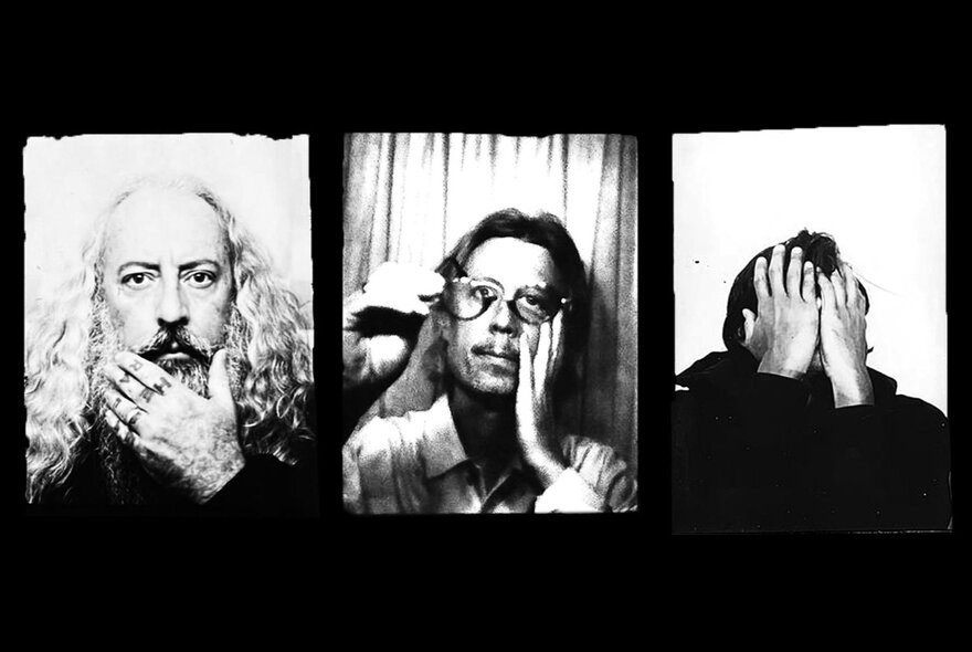 Three members of band My Disco in a triptych portrait series, black and white, one covering his face with his hand, one with his hand on his chin and one with his hand on his cheek and removing his glasses with his other hand.