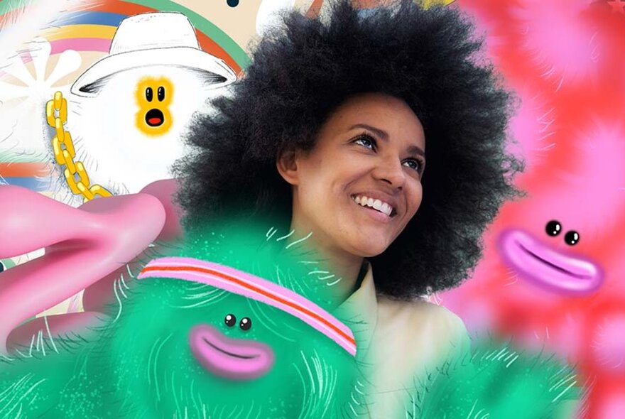 A woman with a black frizzy hair, looking upwards, with three colorful fluffy illustrated characters surrounding her.