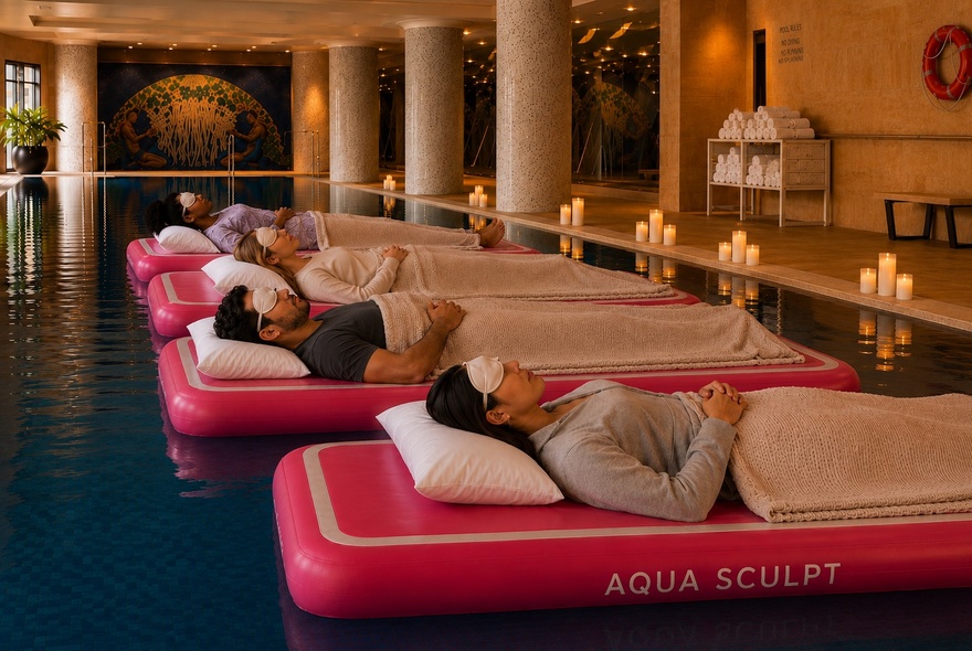 People lying on floating beds on a pool, with candles, eye masks and pillows.