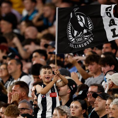 Collingwood AFL football fans with flags in the stands.