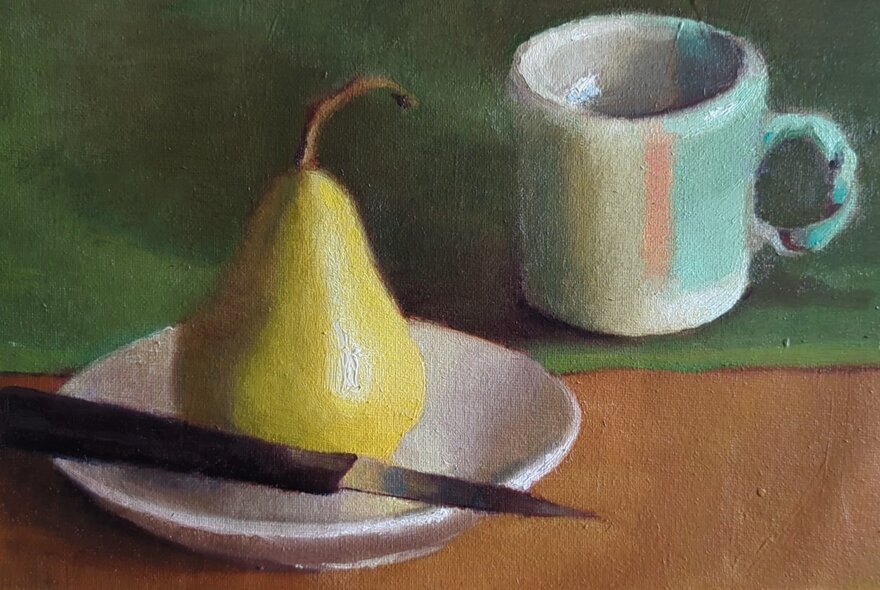 A realist still life oil painting of a pear on a white plate with a small knife, and a mug in the background.