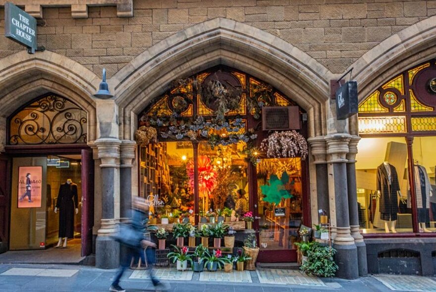 Florist store, set in a classical Victorian stone building.