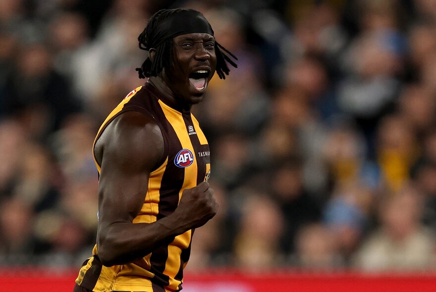 A Hawthorn player pumps his fist in celebration and yells in front of a blurred crowd. 
