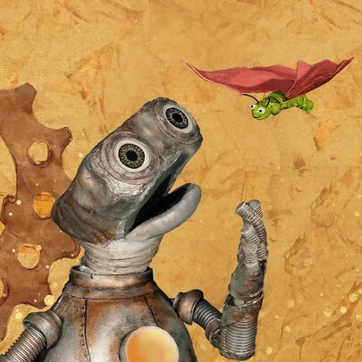 Metallic robot figure looking amazed at a red-winged insect.
