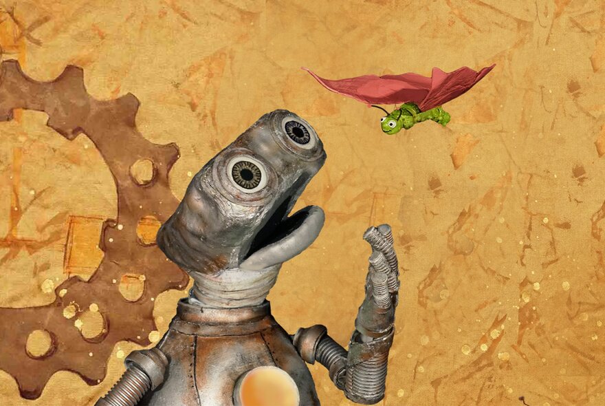 Metallic robot figure looking amazed at a red-winged insect.