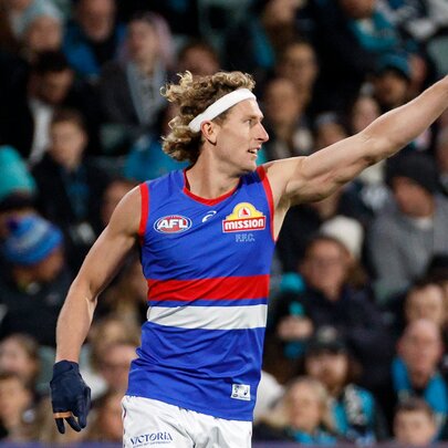 A Western Bulldogs AFL football player with his arm raised triumphantly, cheering himself and the fans along during a match.