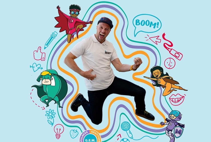Cartoon drawing with superheroes surrounding the running figure of a smiling man.